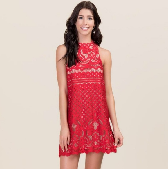 Francesca's Collections Dresses & Skirts - Francesca's • red lace halter neck mini dress